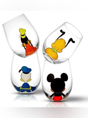 Set of 4 Disney Character Stemless Wine Glasses — Mickey, Donald, Goofy, Pluto